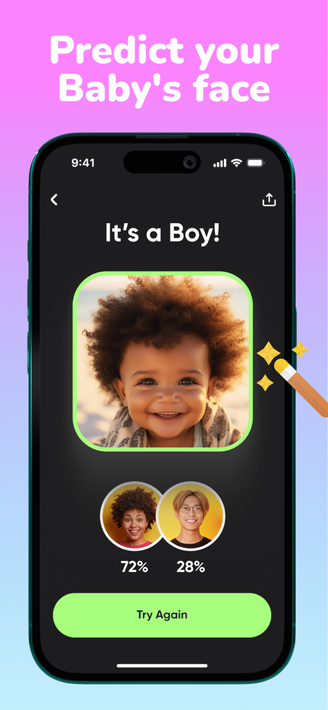 AI generated baby face prediction showing the result It is a Boy based on parent photos with percentage breakdown.