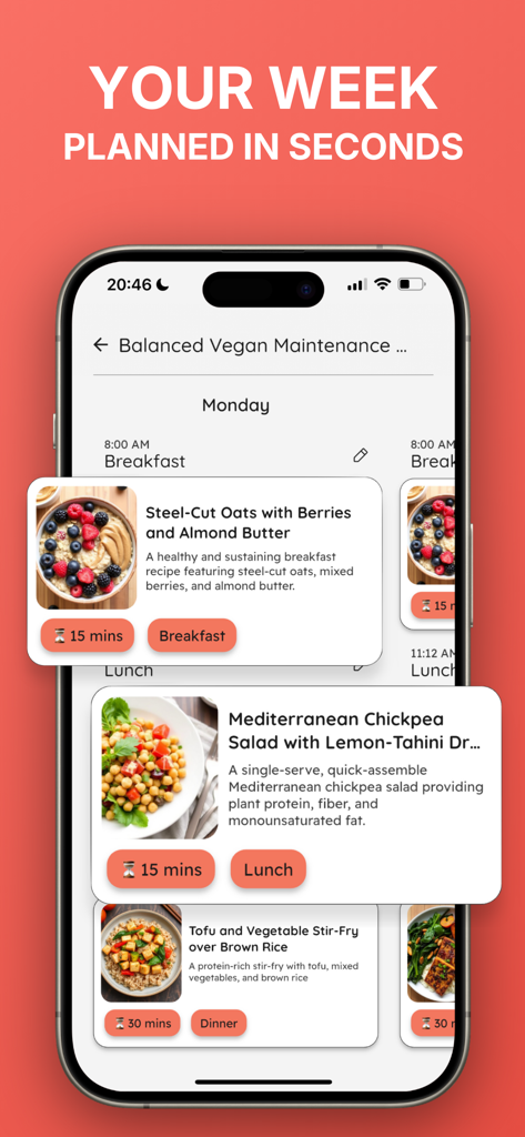 YouCook: Meal Plan & Recipes - YouCook app screen showing a balanced vegan weekly meal plan with breakfast lunch and dinner recipes