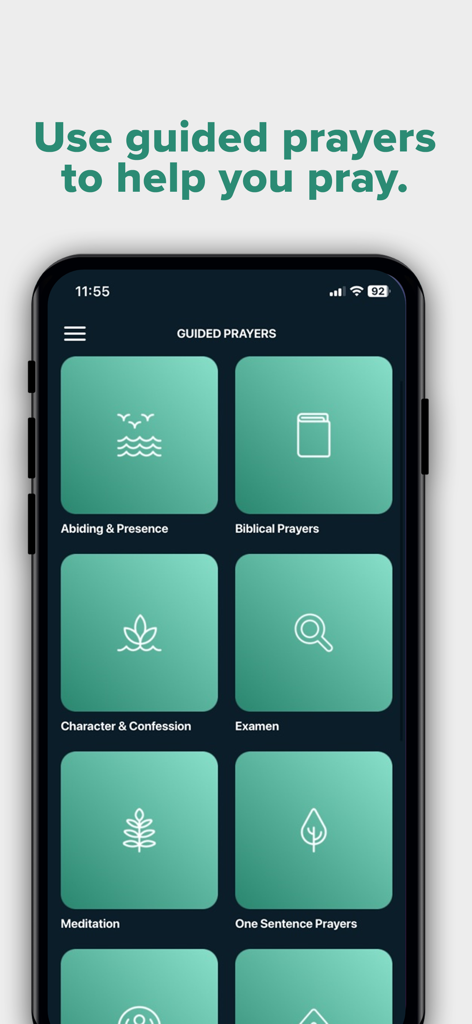 Echo Prayer - Interface of the Echo Prayer app showing various guided prayer categories such as Biblical Prayers and Meditation