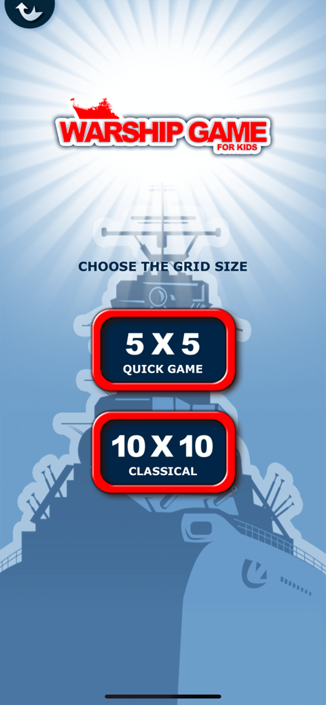 Warship Game for Kids - Pantalla del menú del Juego de Batalla Naval para Niños con opciones para partida rápida de 5x5 y cuadrícula clásica de 10x10