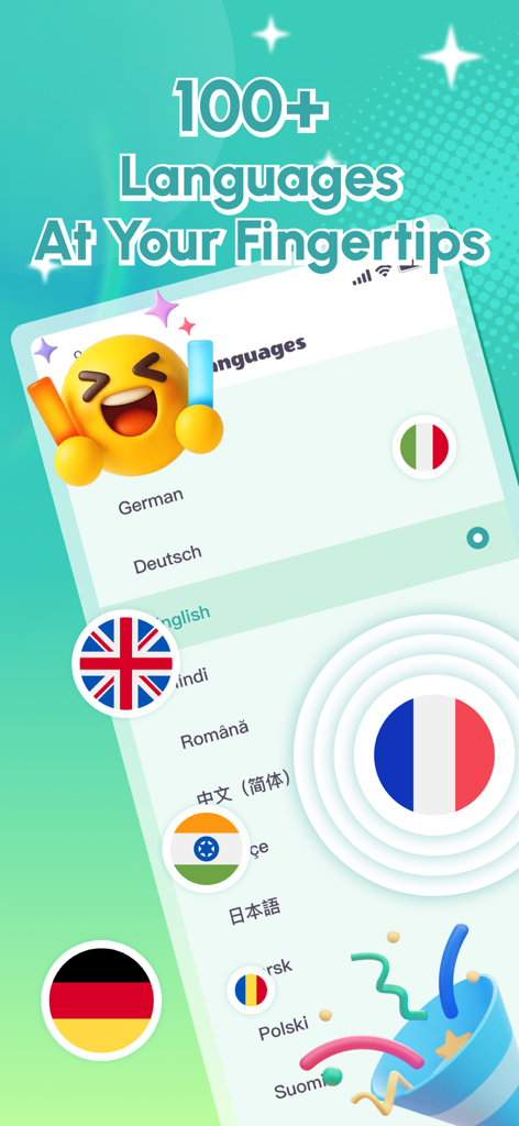 QuickTalk AI - QuickTalk AI app interface showing a list of supported languages with various national flags and the text 100 plus languages at your fingertips.
