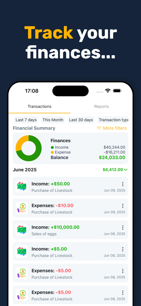 Livestock Manager Farm Tracker - A mobile app interface displaying a farm financial summary with income and expense charts and a detailed transaction list.