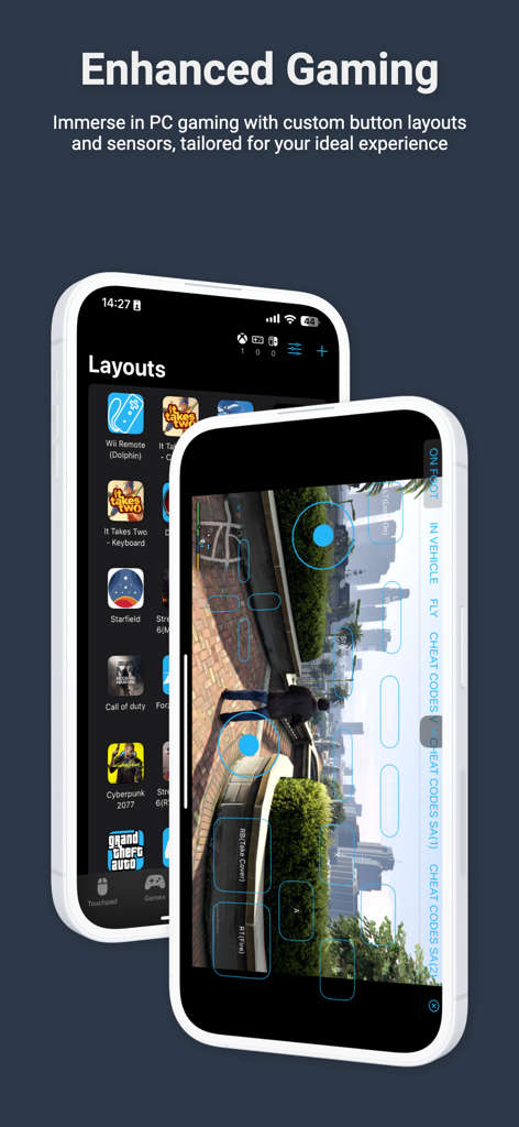 Una pantalla de smartphone mostrando diseños de botones de juego personalizados y un mando virtual para juegos de PC.