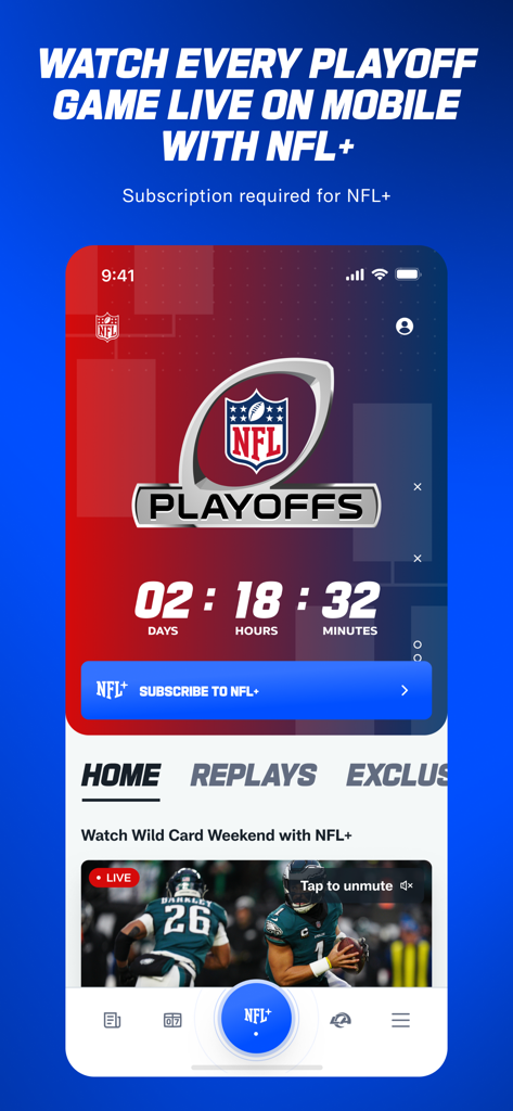 Pantalla de inicio de la app de la NFL mostrando la cuenta regresiva de playoffs y la promoción de transmisión en vivo de NFL plus