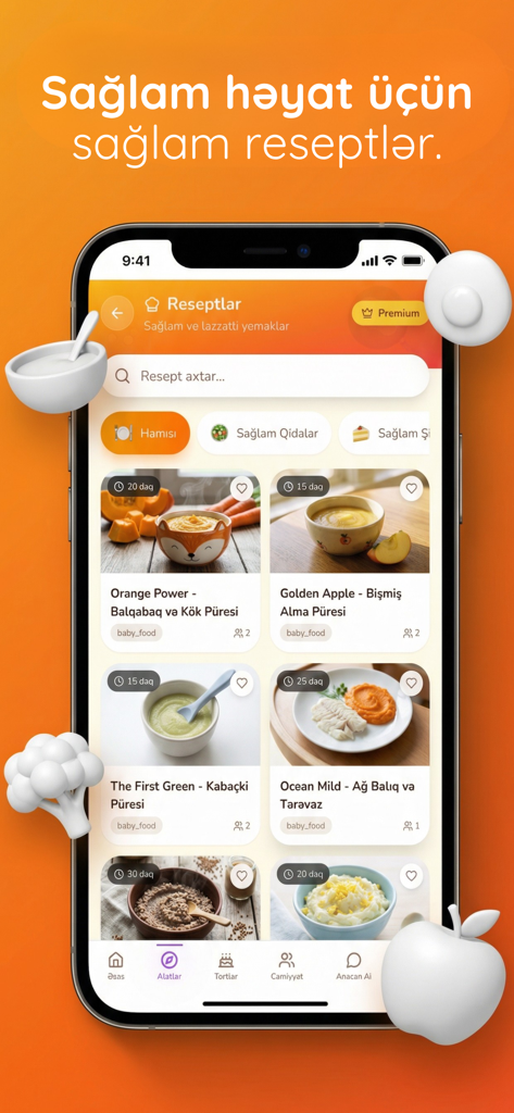 Anacan - La interfaz de la aplicación Anacan que muestra una selección de recetas saludables de comida para bebés en azerbaiyano
