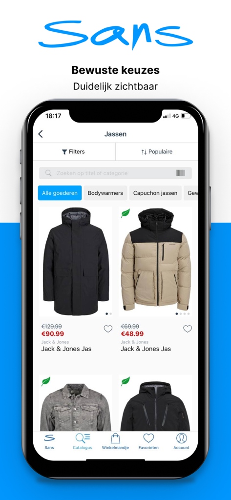 Mobile phone interface of the Sans-online app showing a variety of mens jackets with pricing and brand details