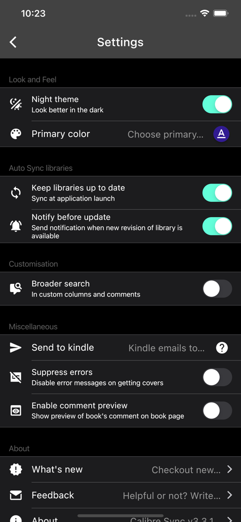 Calibre Sync - Settings menu of Calibre Sync showing night theme and library synchronization options in dark mode