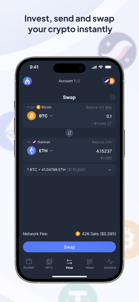Braavos mobile app interface for swapping Bitcoin to Ethereum on the Starknet network with low transaction fees