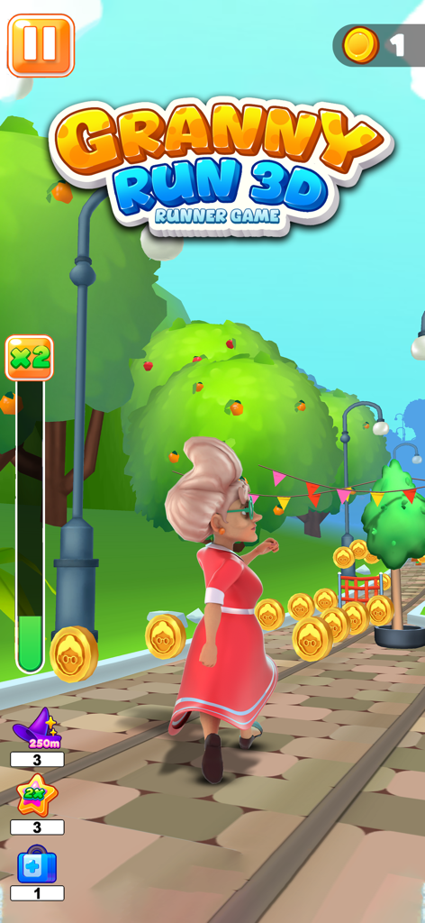 Granny Run 3D runner Game - Granny character running and collecting coins in a vibrant 3D park