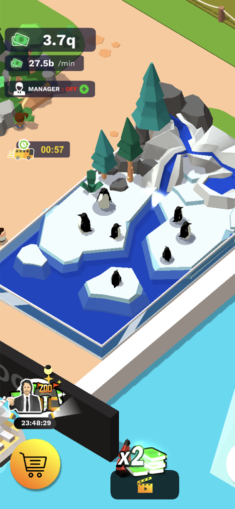 Idle Zoo Tycoon 3D - Un recinto de pingüinos en 3D de baja poligonización en el juego móvil Idle Zoo Tycoon 3D