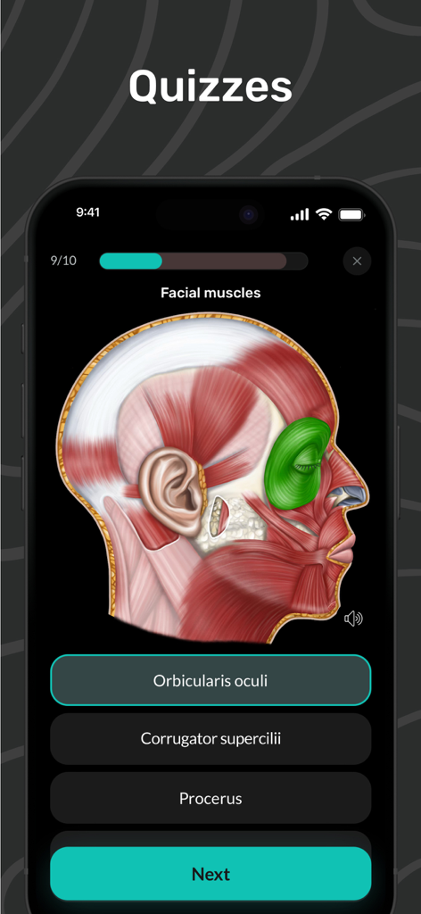 An interactive 3D facial muscle quiz in the Easy Anatomy 3D app showing the orbicularis oculi highlighted.