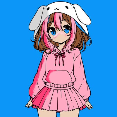 pretty anime girl wearing a fluffy hoodie with bunny ears on the hood and a skirt