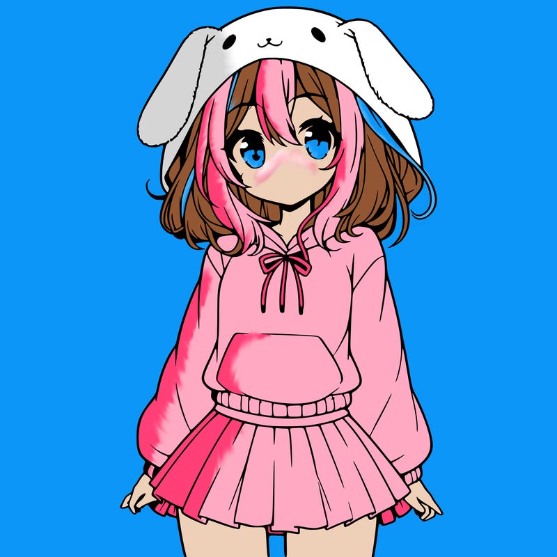 pretty anime girl wearing a fluffy hoodie with bunny ears on the hood and a skirt