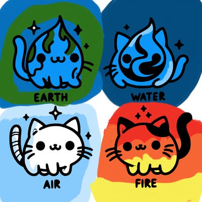 4 cats that represent the different elements, earth, water, air, and fire