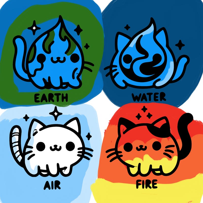 4 cats that represent the different elements, earth, water, air, and fire