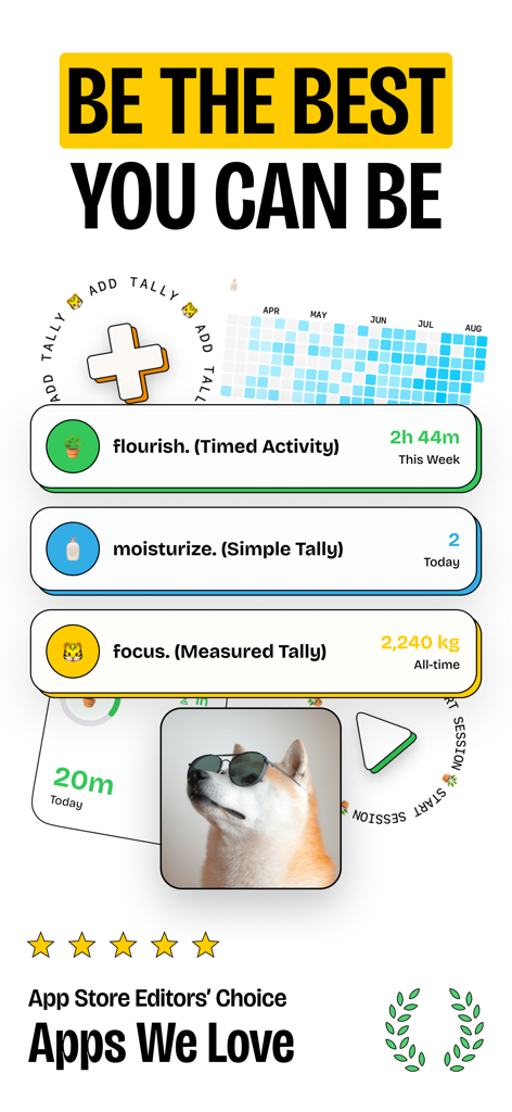 Habit Tracker — timespent - Interface of the timespent habit tracker app featuring habit logs a heatmap and App Store Editors Choice awards