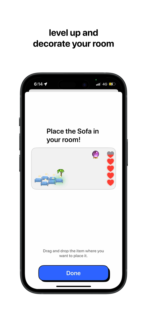 PicPet - A screenshot of the PicPet app showing the interface to level up and decorate a virtual room by placing furniture like a sofa