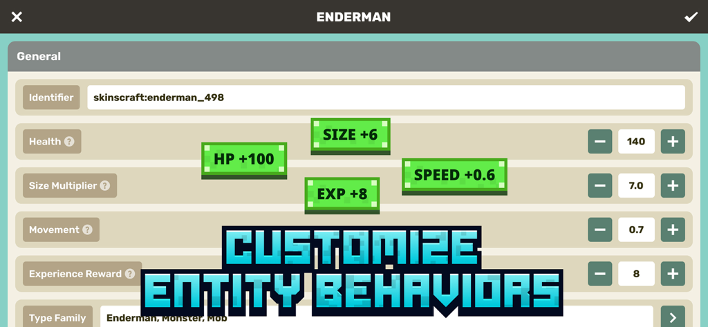 Craft Addons for MCPE - Interface for customizing Minecraft entity behaviors like health speed and size for an Enderman