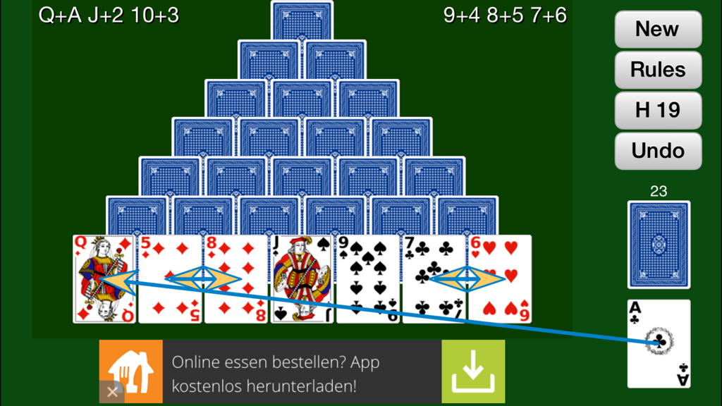 Simply Solitaire - A classic Pyramid Solitaire game layout on a green felt background
