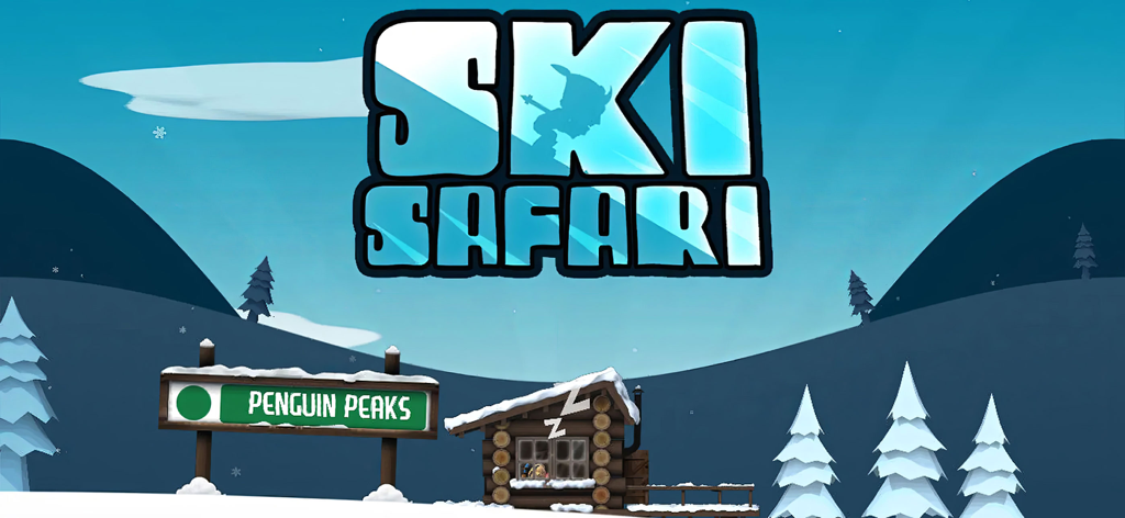 Ski Safari - FreePlay - スキーサファリのロゴが、山小屋とペンギンピークスの標識がある雪山の風景の上に表示されている。