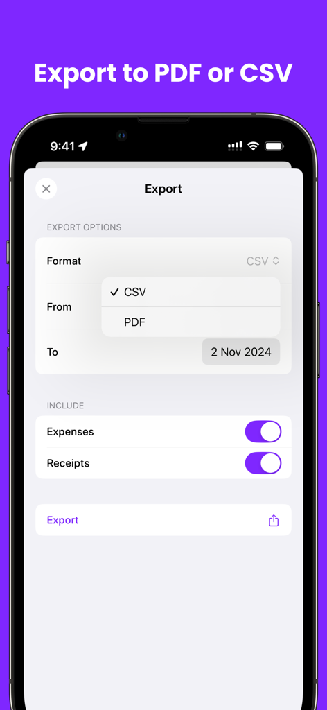 Smart Receipts Receipt Tracker - Der Exportbildschirm der Smart Receipts-App mit Optionen für PDF- und CSV-Berichtsformate.