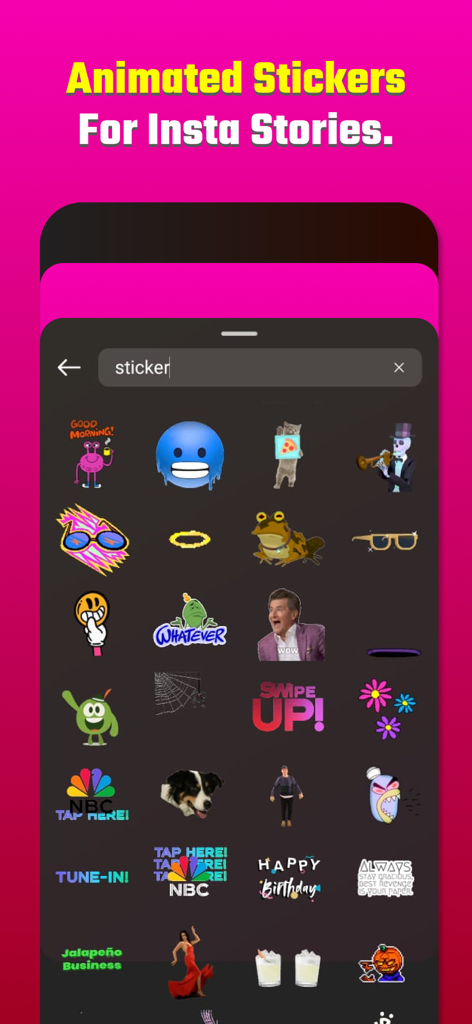 Una selezione di adesivi animati colorati per le storie di Instagram visualizzati nell'app Storyfont.