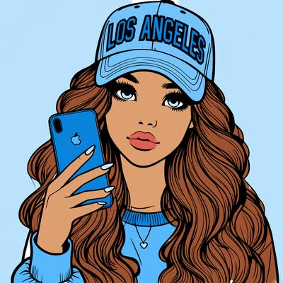 realistic beautiful girl wearing los ángeles cap holding an iphone