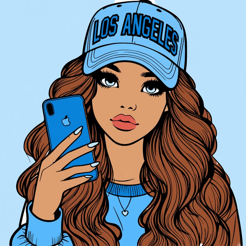 realistic beautiful girl wearing los ángeles cap holding an iphone