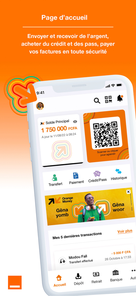 Orange Money Senegal mobile app dashboard showing main balance and quick actions
