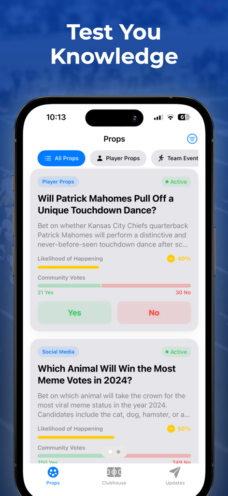 SportBuddy AI: Live Scores - SportBuddy AI app interface showing the Prop Bet Challenge with interactive player and social media prediction polls.