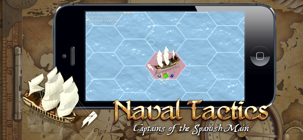 Naval Tactics - A smartphone displaying the Naval Tactics game with a sailing ship on a hexagonal tactical grid map