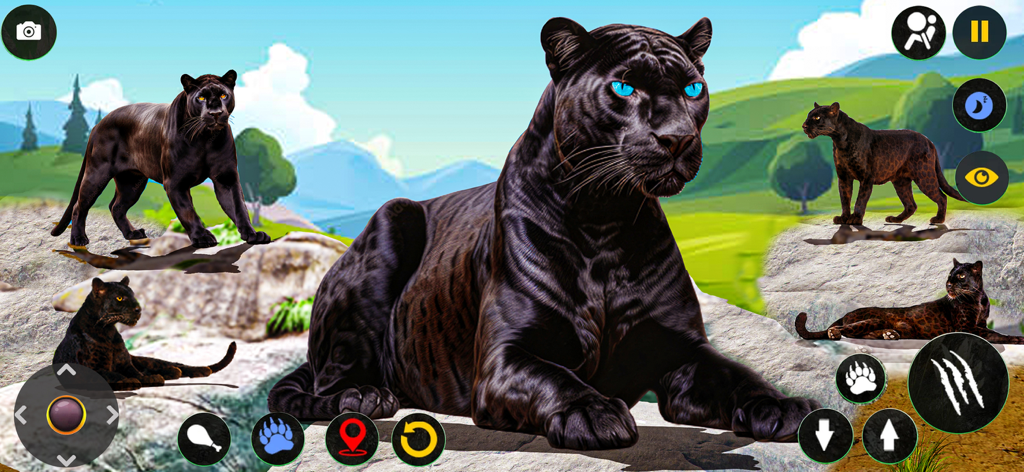 Wild Black Panther Furious Sim - Jugabilidad del simulador de pantera negra mostrando varios grandes felinos en un entorno de jungla 3D con controles del juego