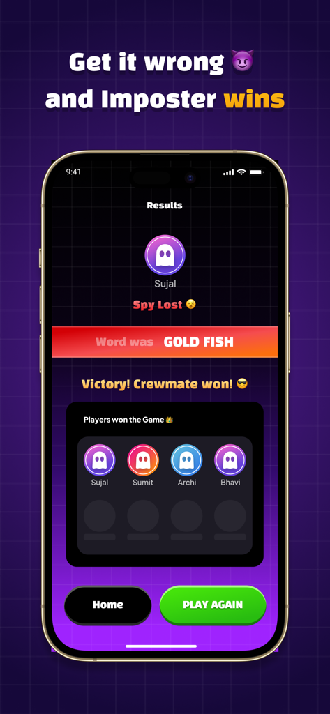 Pantalla de resultados de la aplicación Imposter Party que muestra una victoria del tripulante y la palabra secreta revelada