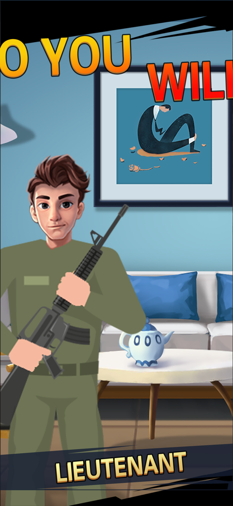 A lieutenant character holding a rifle in a living room from the Soldier Life Simulator game