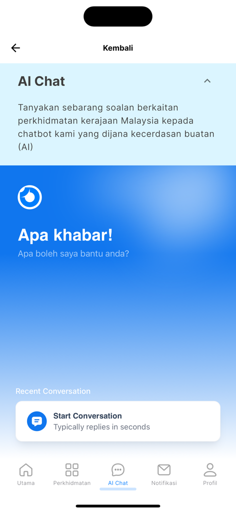 MyGOV Malaysia - AI Chat screen of the MyGOV Malaysia app showing an automated chatbot for government services with a start conversation button.