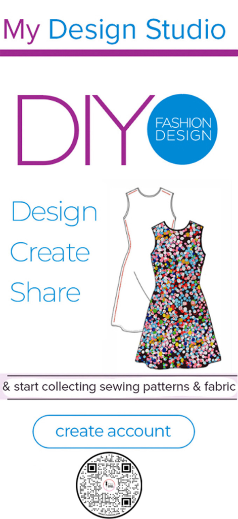 My DIY Fashion Design Studio - Tela de boas-vindas do aplicativo Meu Estúdio de Design de Moda DIY com uma estampa de vestido colorida e opções para projetar, criar e compartilhar.