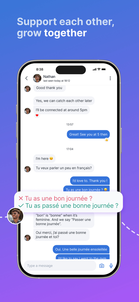 Interfaz de la aplicación Speaky que muestra una conversación de chat con una función de corrección gramatical en francés.