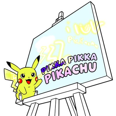 tiny pikachu on the corner of the canvas saying pikka pikka pikachu
