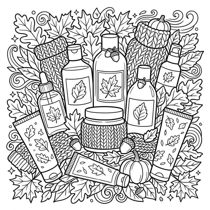 Celebrate the beauty of fall with this unique coloring page featuring essential body skincare products adorned with autumn leaves. It's the perfect artistic escape to relax and embrace the cozy vibes of the season.