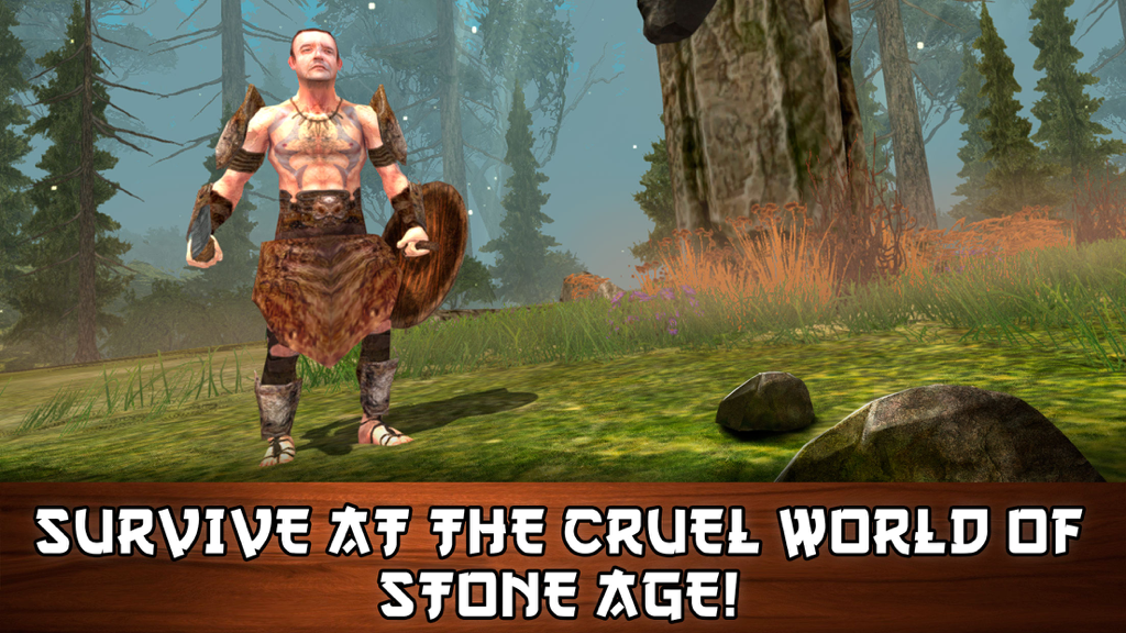 Primal Island Survival Simulator 3D - A prehistoric hunter holding a shield and axe in a Stone Age wilderness setting.