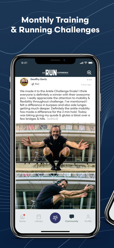 Feed della community dell'app The Run Experience che mostra un utente che partecipa a una sfida di allenamento mensile.