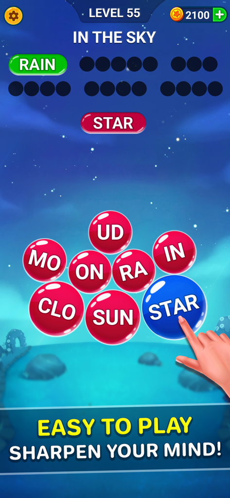 Jugabilidad de Word Pearls mostrando burbujas con partes de palabras para resolver un rompecabezas con el lema agudiza tu mente