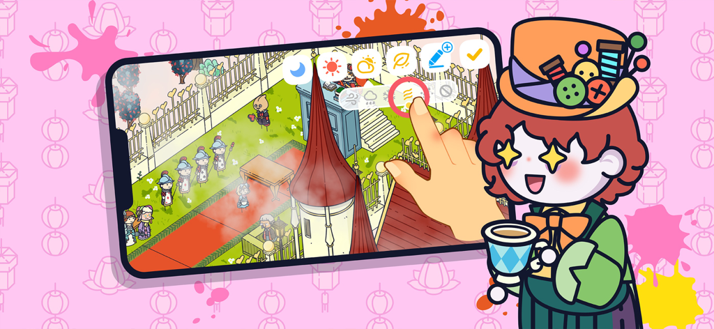 Una mano che seleziona le impostazioni del meteo e dell'ora nell'app Topia World su uno smartphone