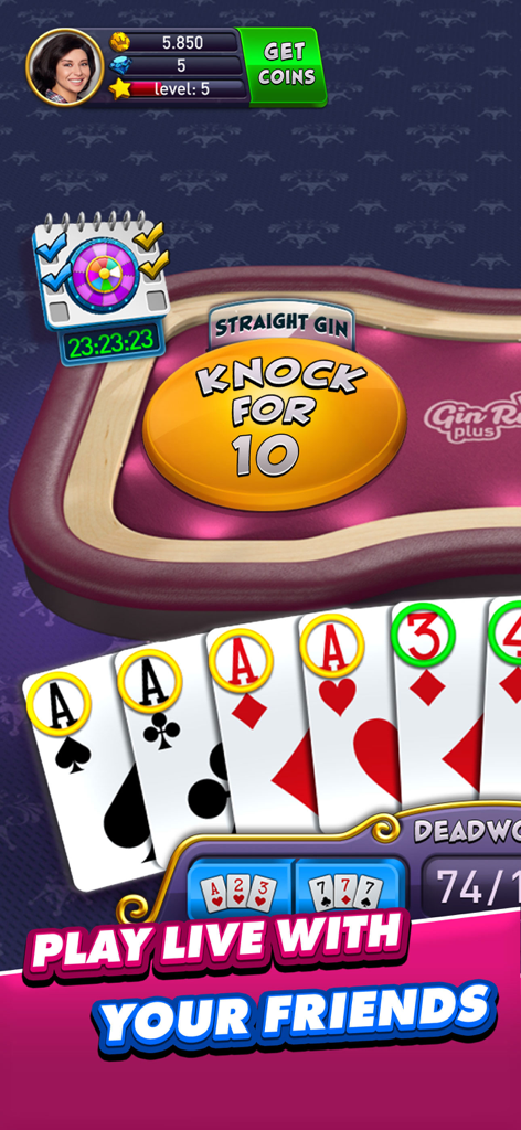 A hand of cards on a virtual card table in the Gin Rummy Plus mobile app with a play live with your friends call to action