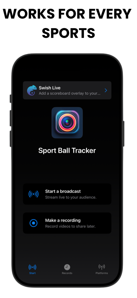 Interfaccia principale dell'app Ball Tracker che mostra le opzioni per avviare una trasmissione in diretta o effettuare una registrazione.