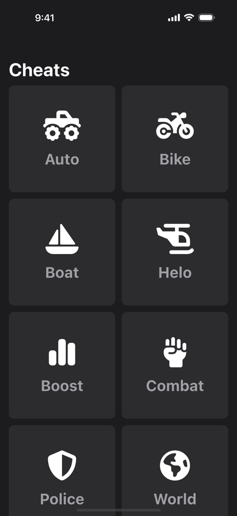 Menu principale dell'app trucchi GTA 5 che mostra le categorie per i codici di veicoli e combattimento