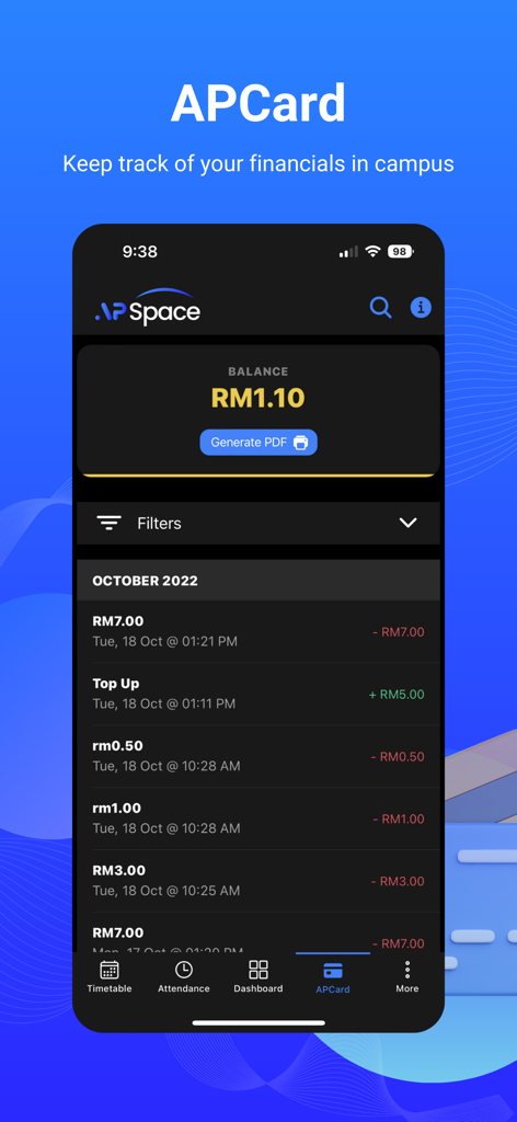 APSpace - APSpace app screen displaying APCard balance and campus transaction history