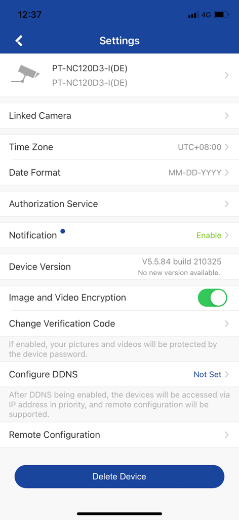 Prama Online mobile app settings screen for managing security camera features and encryption