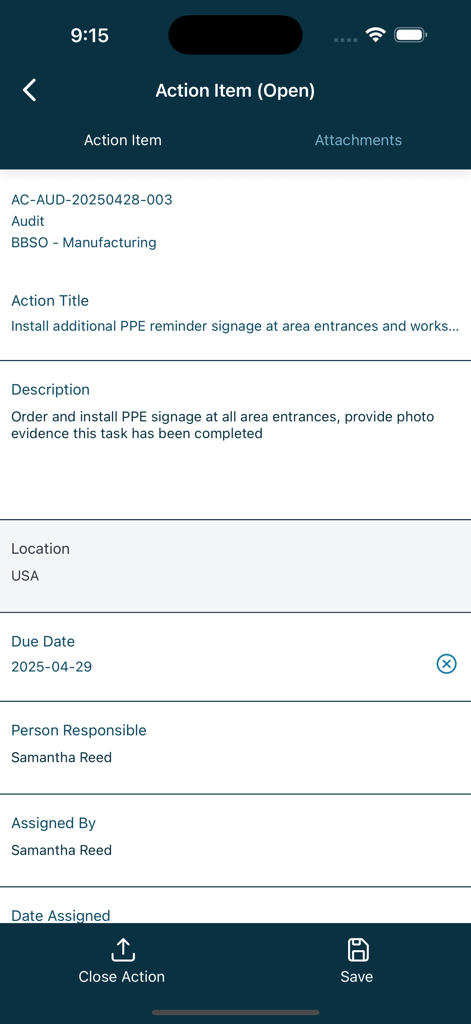VelocityEHS® - タイトル、説明、期日を含む安全アクションアイテムの詳細を表示するVelocityEHSアプリのモバイル画面。