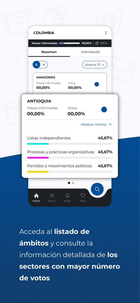 Resultados CMLJ 2025 app showing election results for Antioquia